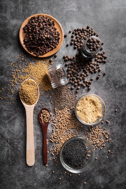 Flat lay arrangement with various spices