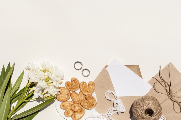 Flat lay artistic composition for wedding with copy space