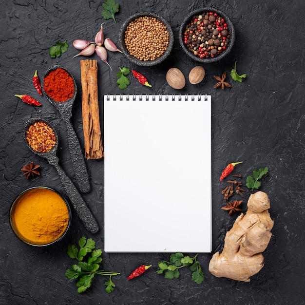 Flat lay asian food ingredients mix  with blank notebook