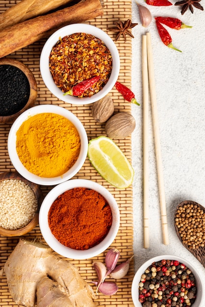 Flat lay asian food spices mix and chopsticks