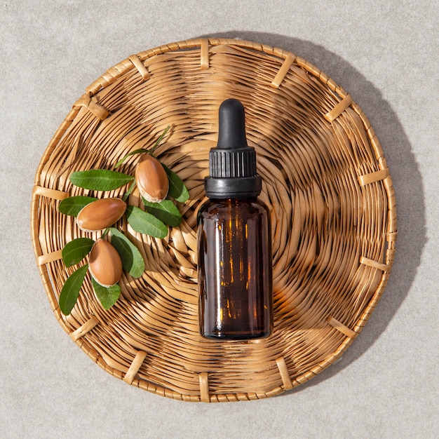 Flat lay assortment of argan oil care product