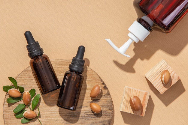 Flat lay assortment of argan oil care product