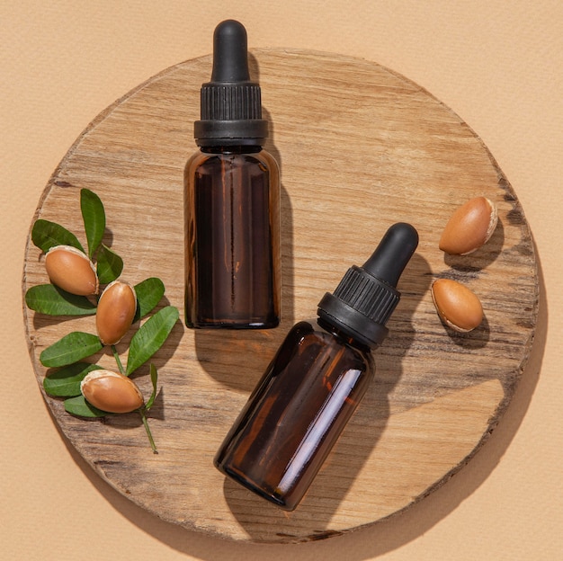 Flat lay assortment of argan oil care product