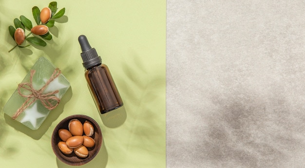 Flat lay assortment of argan oil care product