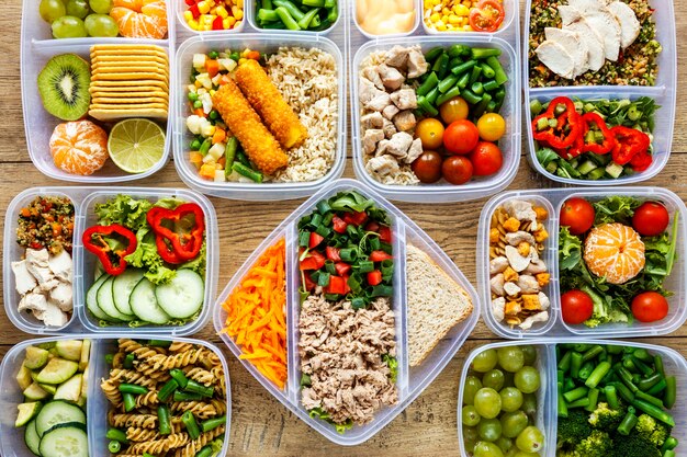 Flat lay assortment of batch food cooked on table