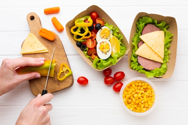 Flat lay assortment of batch meals