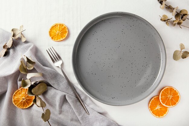 Flat lay assortment of beautiful tableware on the table