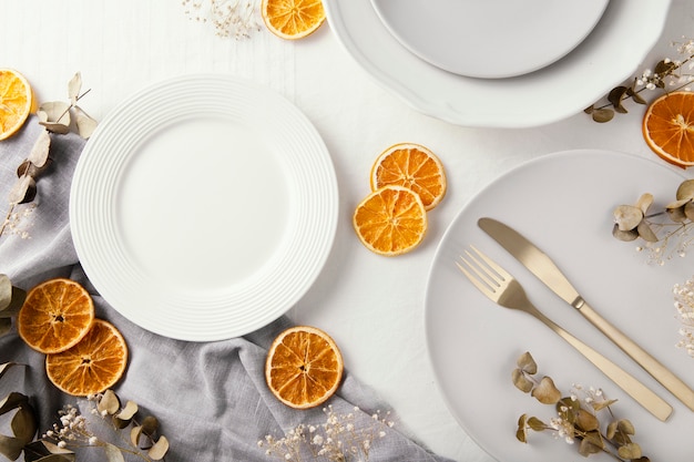 Flat lay assortment of beautiful tableware on the table