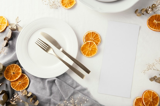 Flat lay assortment of beautiful tableware on the table