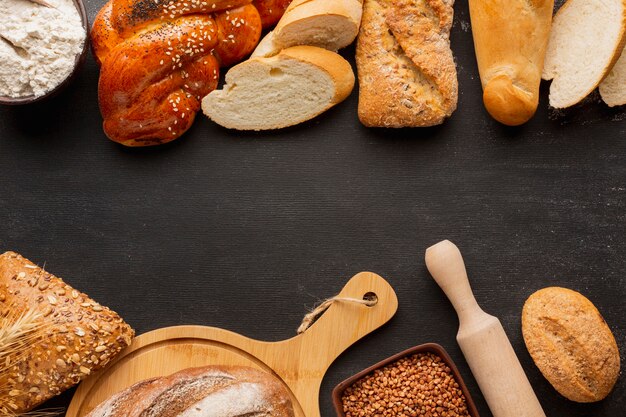 Flat lay of assortment of bread with seeds