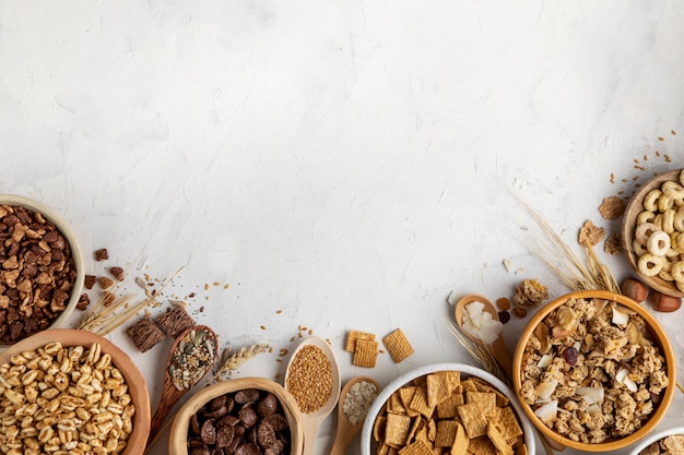 Flat lay of assortment of breakfast cereals with copy space