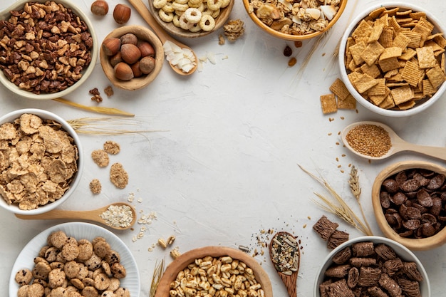 Flat lay of assortment of breakfast cereals