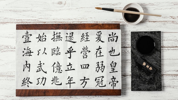 잉크로 작성 된 중국 상징의 평면 위치 구색