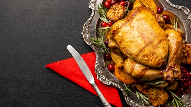 Flat lay assortment of christmas food with copy space