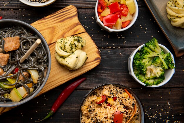 Flat lay of assortment of delicious asian food