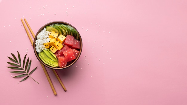Flat lay assortment of delicious poke bowl