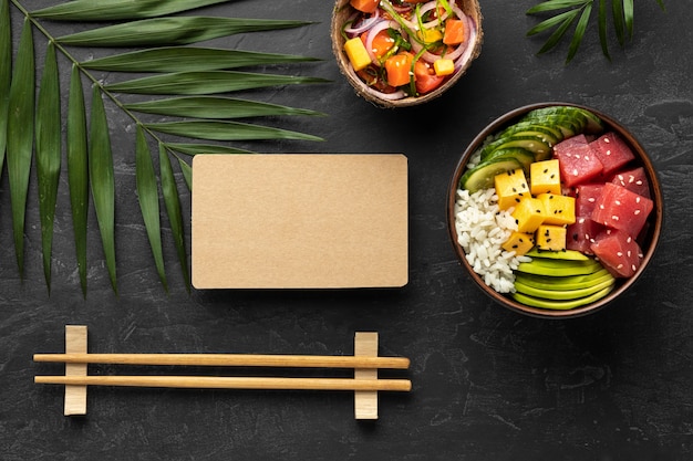 Flat lay assortment of delicious poke bowl