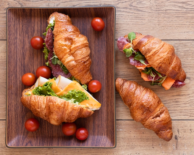 Flat lay assortment of delicious sandwiches meal