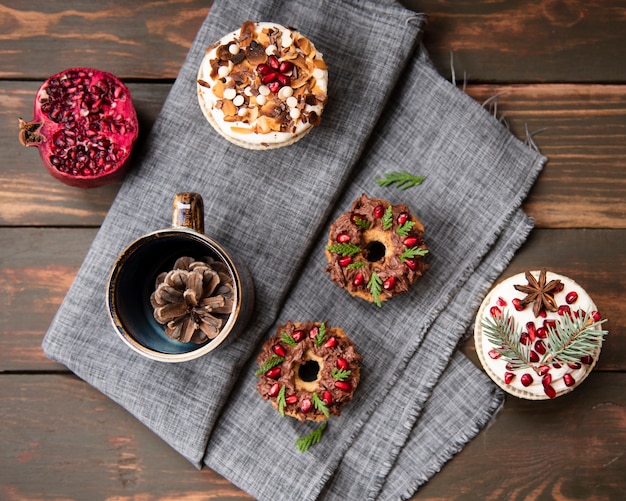 Flat lay of assortment of desserts on cloth