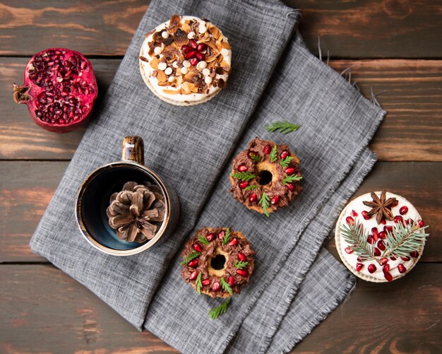 Flat lay of assortment of desserts on cloth