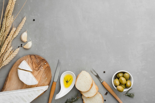 Flat lay assortment of different delicacies with copy space