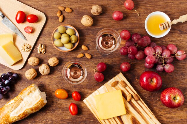 Flat lay assortment of different foods for picnic