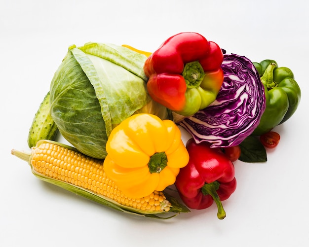 Flat lay assortment of different fresh vegetables