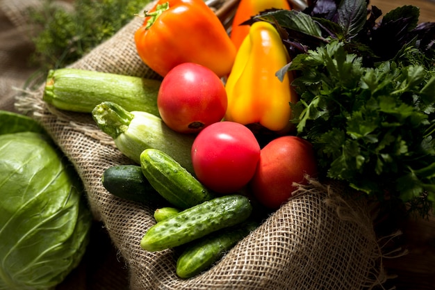 Flat lay assortment of fresh autumnal vegetables