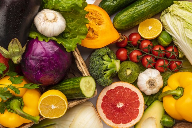 Flat lay of assortment of fresh vegetables