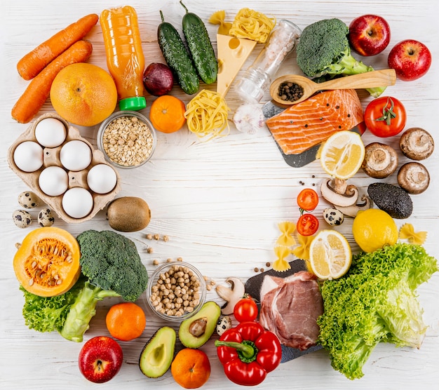 Flat lay of assortment of fruits and vegetables