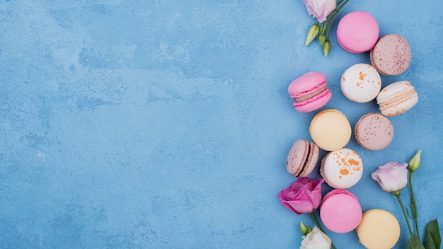 Flat lay of assortment of macarons with roses and copy space