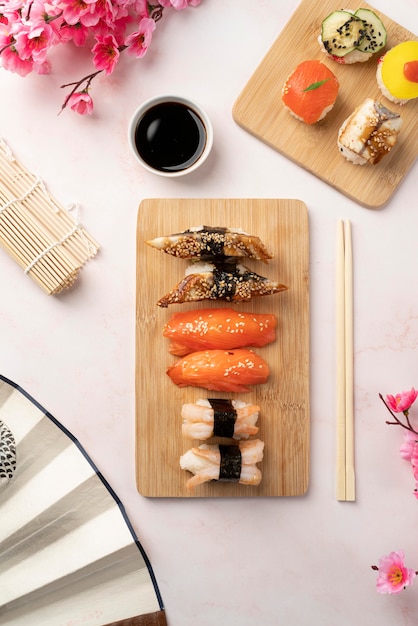 Flat lay assortment of sushi goodies