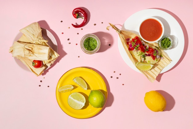 Flat lay assortment of tamales ingredients