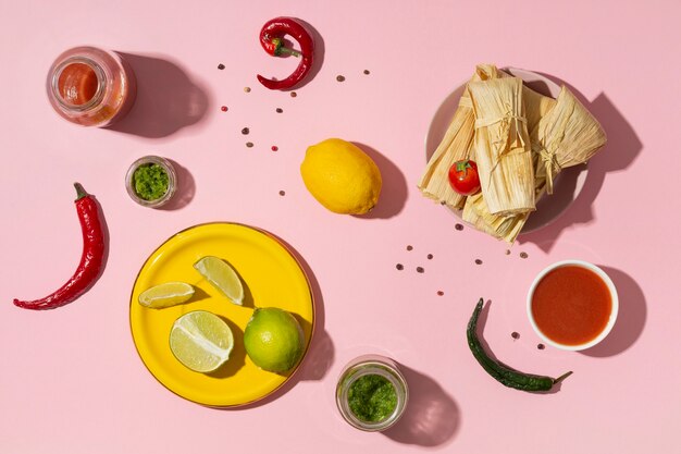 Flat lay assortment of tamales ingredients