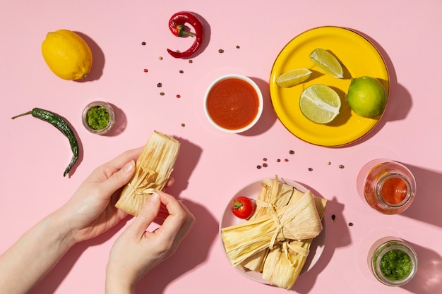 Flat lay assortment of tamales ingredients