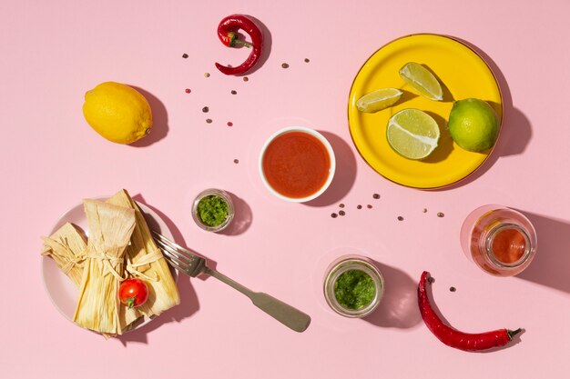 Flat lay assortment of tamales ingredients