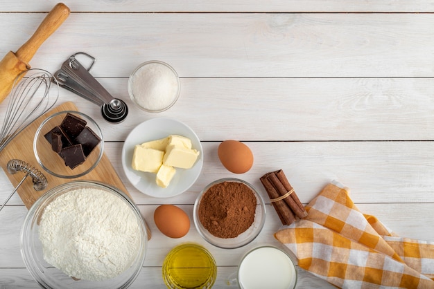 Flat lay assortment of tasty food and ingredients