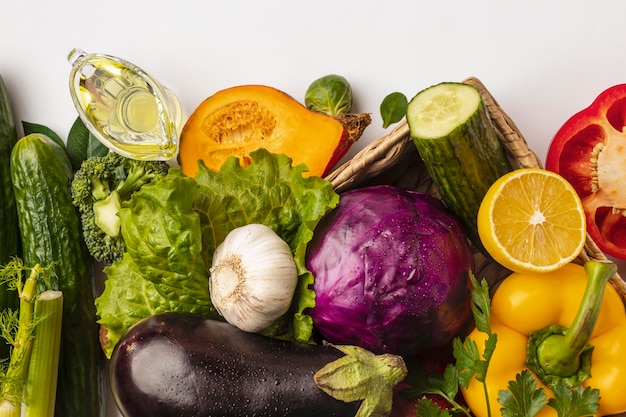 Flat lay of assortment of vegetables in basket