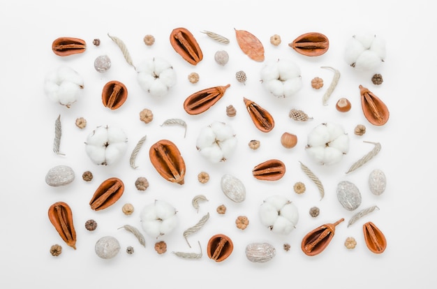 Flat lay assortment with cotton on white background