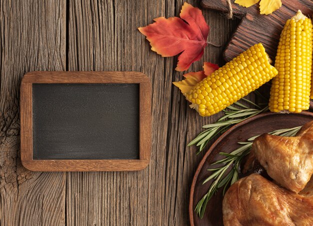 Flat lay assortment with food on wooden background