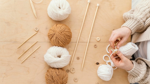 Flat lay assortment with knitting tools