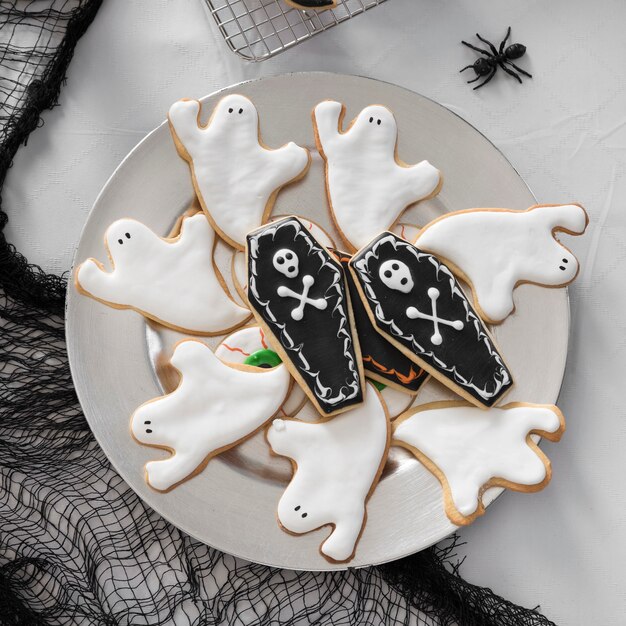 Flat lay assortments of treats for halloween