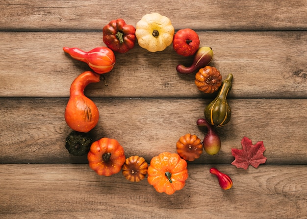 Flat lay autumn food on wooden table