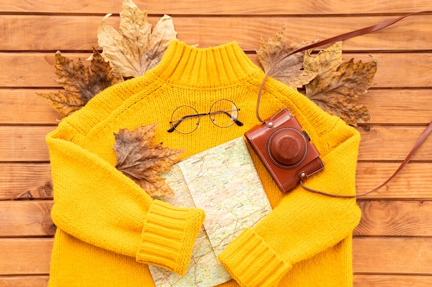 Flat lay autumn journey elements composition