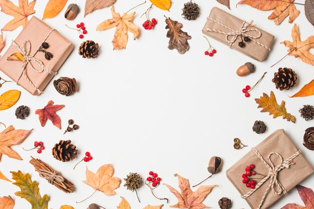 Flat  lay autumn leaves frame