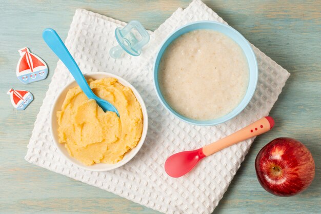 Flat lay baby food arrangement