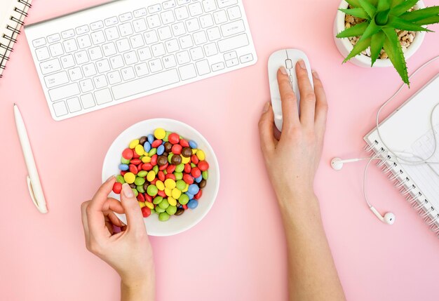 Flat lay of bad habit concept at desk