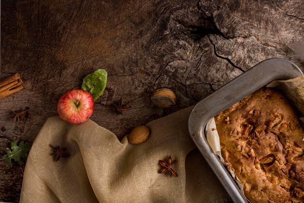 Flat lay baked bread with fruits