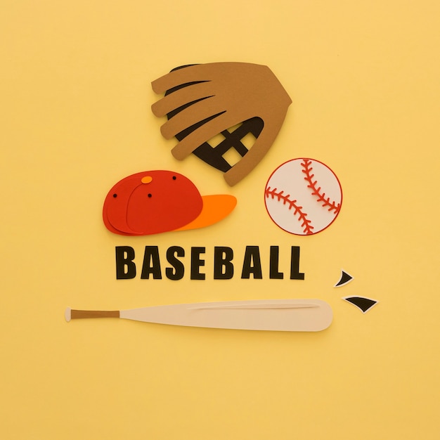 Free photo flat lay of baseball with bat, glove and cap