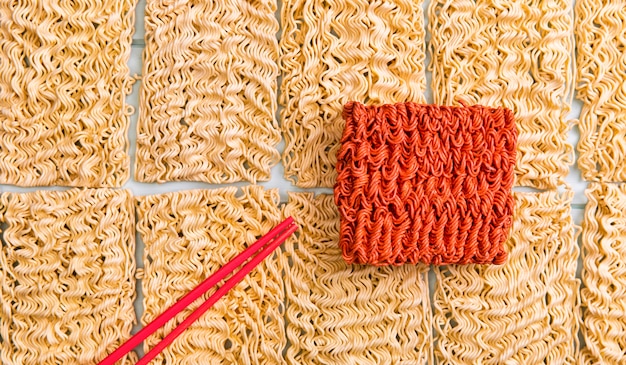 Flat lay basic ramen with red noodles